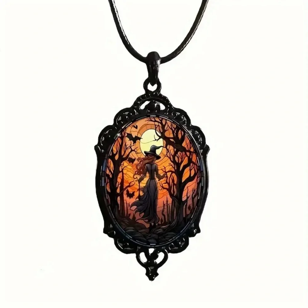 Retro Style Bat Witch Pendant Cameo Black Pendant  Necklace Gothic Glass Pendant